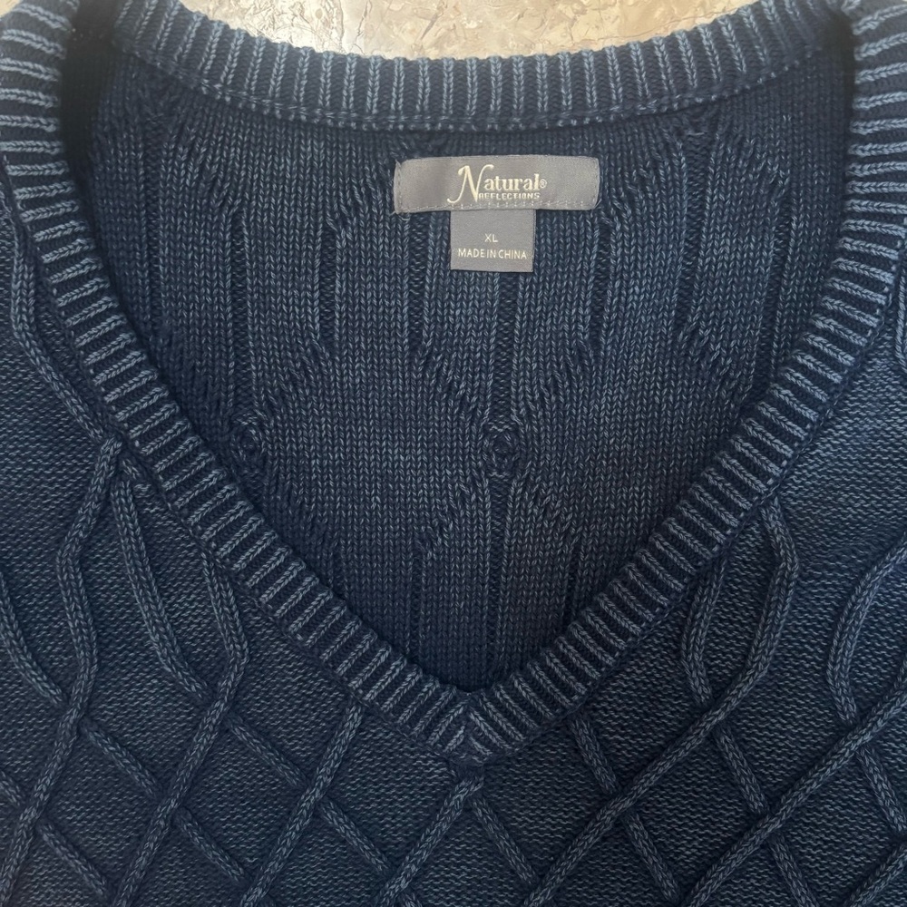 Natural Reflections Navy Blue 100% Cotton Textured Cable Knit V-Neck Sweater XL - Picture 2 of 8
